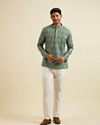 alt message - Manyavar Men Light Mid Green Medallion Print Short Kurta image number 2